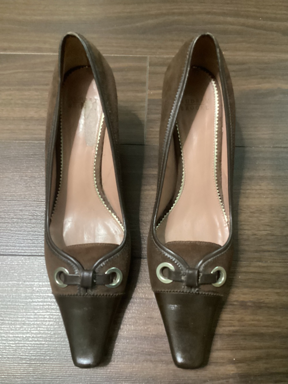 Audrey Brooke Brown Leather Square-Toe Pumps with Metal Eyelet Accent